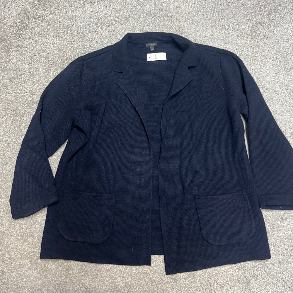 Talbots Sweater Blazer Womens Large Navy Blue Wool Viscose Knit Pockets NEW